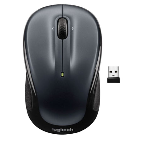 Compact dark silver wireless mouse designed for smaller hands, featuring micro-precise scrolling and 18-month battery life.