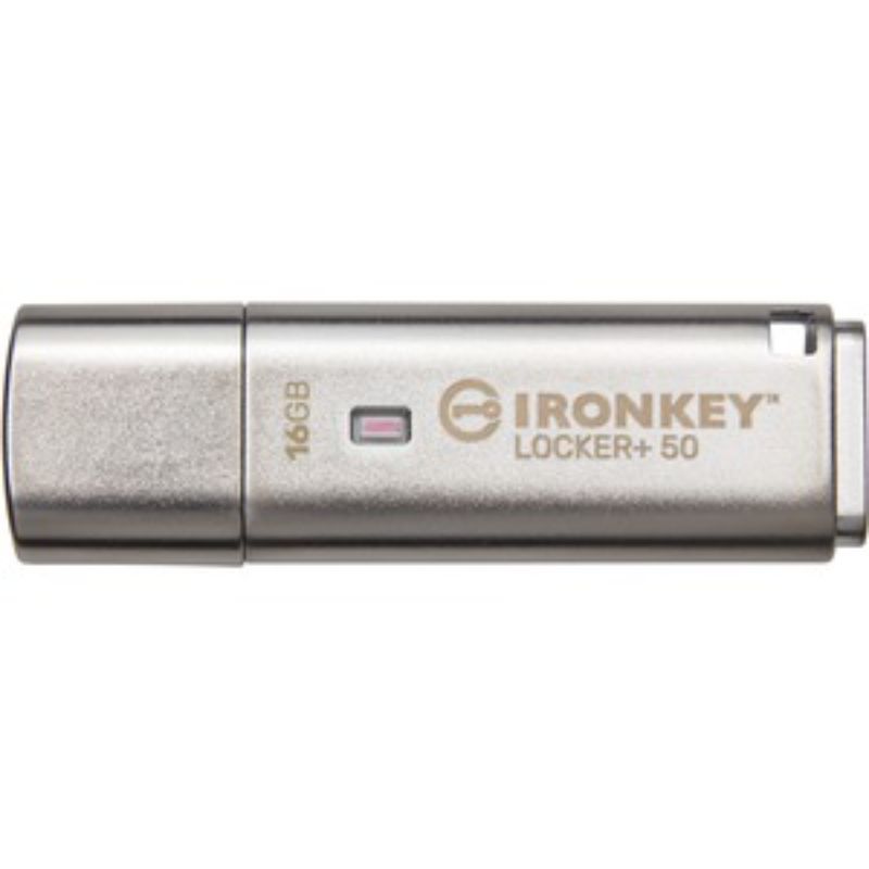 Kingston IronKey Locker+ 50 USB drive in metal casing, featuring AES encryption, dual passwords, and portable design for secure storage.