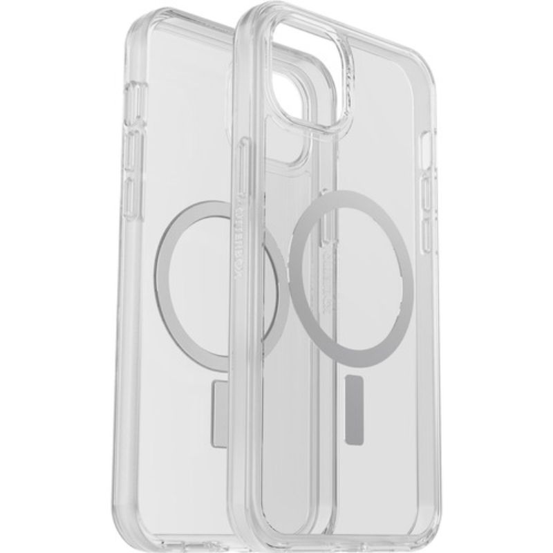 Clear OtterBox iPhone 14 Plus case with MagSafe support, antimicrobial properties, and durable protection against drops.