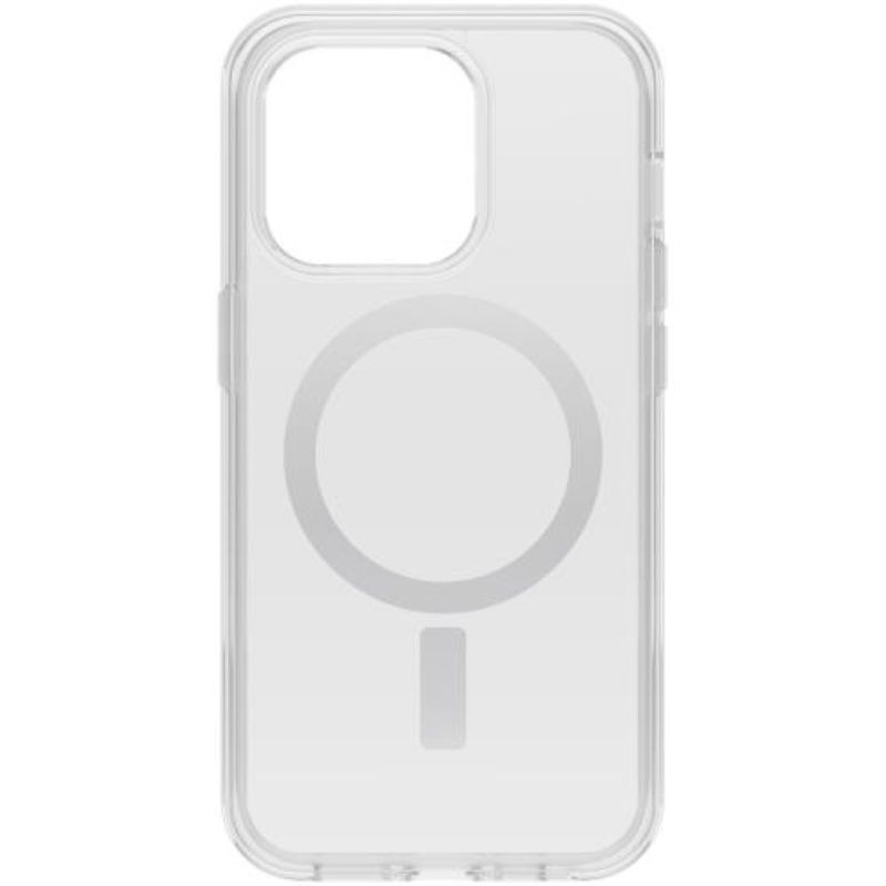 Clear OtterBox Symmetry Series+ case for iPhone 14 Pro, featuring MagSafe compatibility and antimicrobial protection.