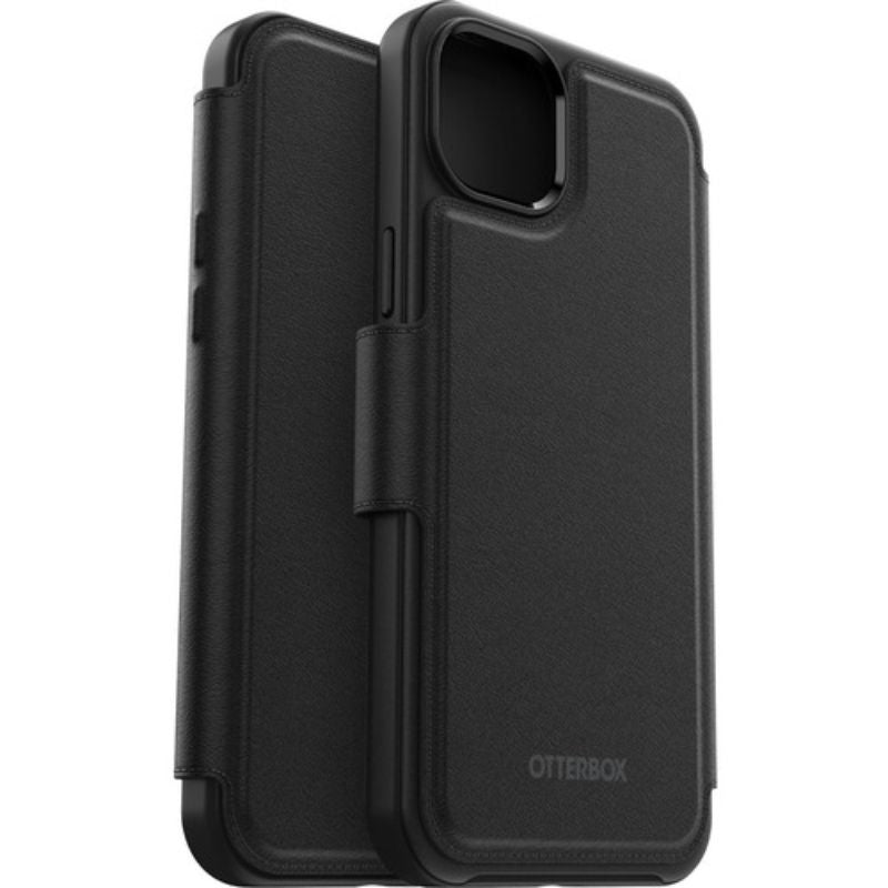 Sophisticated black folio case for iPhone 14 Plus featuring MagSafe compatibility, card slots, and secure magnetic latch.