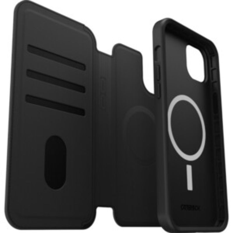 OtterBox Folio case for iPhone 14 Plus in black, featuring MagSafe, card slots, and secure magnetic latch for protection.