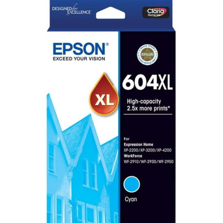 Epson 604XL Cyan ink cartridge for inkjet printers, offering vibrant colors and 350-page yield for professional-quality prints.