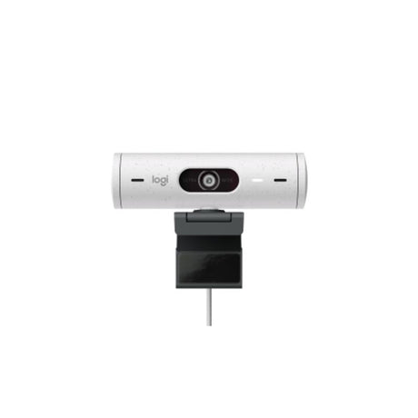 Logitech BRIO Webcam in off-white, featuring 4MP resolution, 60 fps, auto-framing, and noise-reducing mics for clear video calls.