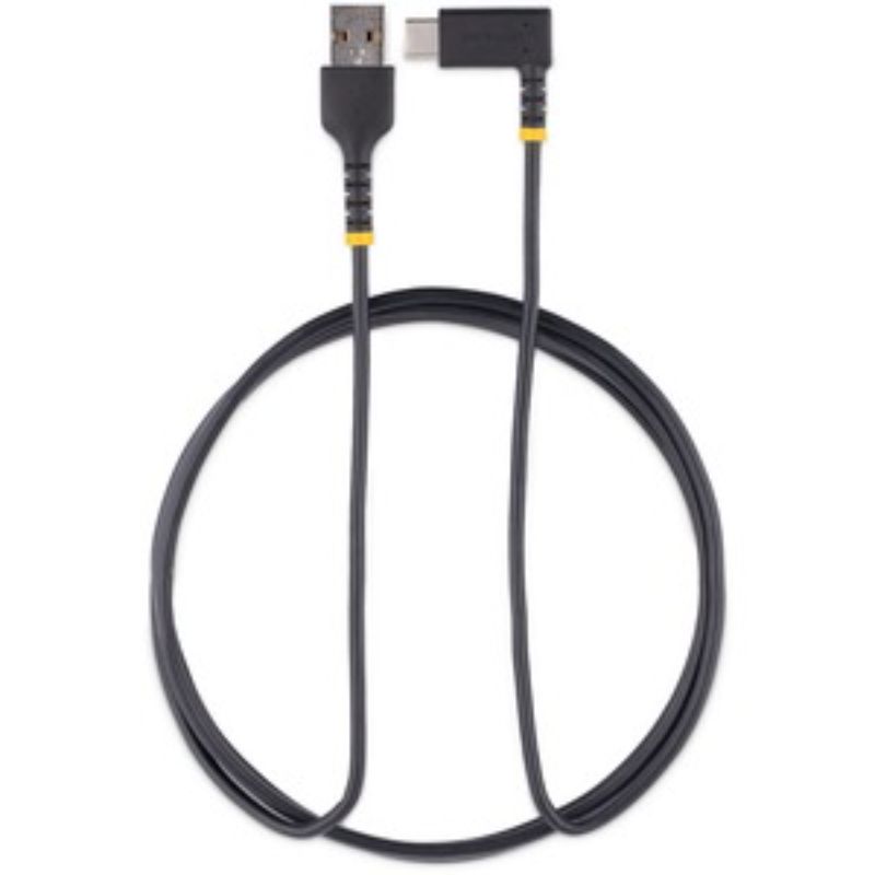 Right angle 2m black USB-A to USB-C charging cable for fast charging and data transfer, crafted with rugged aramid fiber.