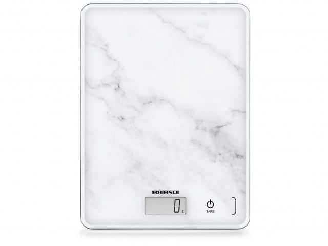 Soehnle Digital Kitchen Scale Page Compact 300 Marble with elegant marble design, 5 kg capacity, user-friendly LCD, and sensor touch.