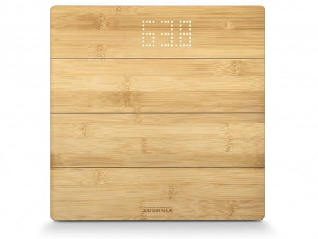 Digital bathroom scales with bamboo surface, LED display, 180kg capacity, and stylish design for home wellness.