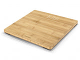 Elegant bamboo digital bathroom scale with LED display, precise measurements, and anti-slip design for comfortable use.