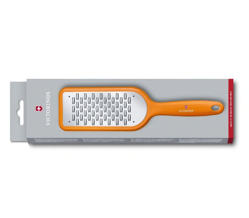 Victorinox Ribbon Edge Grater in vibrant orange, featuring a sharp bidirectional blade for effortless grating and safe, ergonomic design.