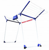 Mobile clothes dryer with 20m line, features for small items, windproof hangers, and soft mesh for delicate fabrics.