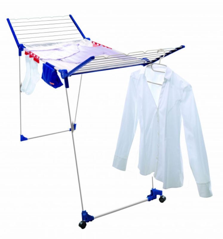 Leifheit Pegasus 200 Solid Deluxe mobile clothes dryer with 20m line, small item holders, and foldable wings for versatile laundry drying.