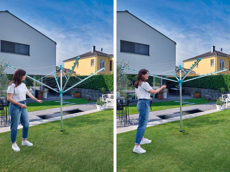 Leifheit Linomatic 400 Easy Rotary Dryer with 40m line, Easy-Lift System, and weather-resistant design for outdoor laundry.