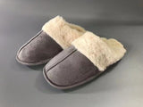 Cozy grey women's fur slippers with memory foam insole, perfect for warmth and comfort at home or quick errands.