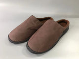 Men's chocolate sherpa slippers with plush lining, memory foam insole, and durable sole for indoor and outdoor comfort.