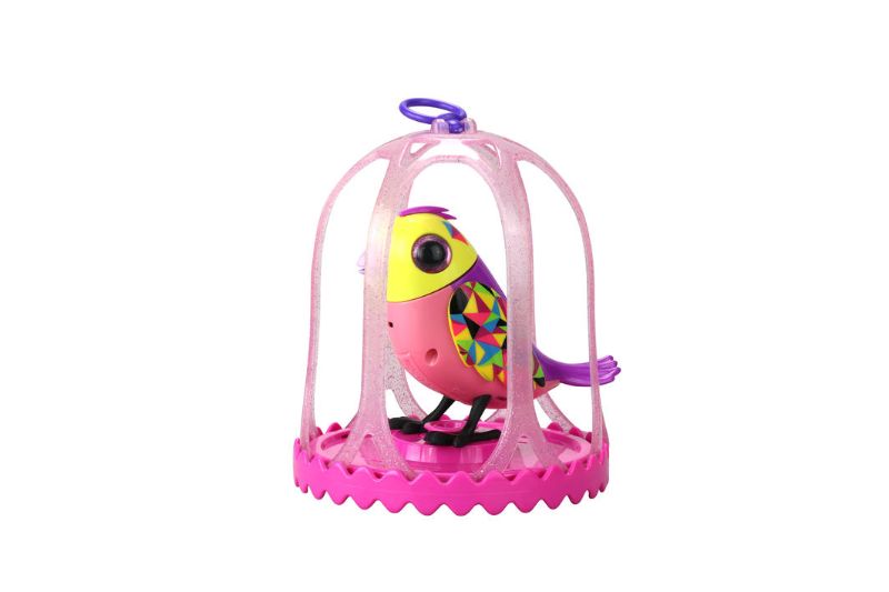 Interactive DigiBird in a charming cage, sings 20 melodies; includes whistle ring and vibrant character, ideal for kids.