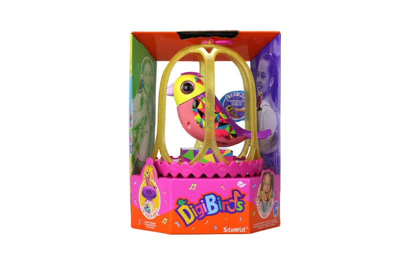 Interactive Silverlit DigiBird in a charming cage, with movement, sound, and melodies, perfect for kids' imaginative play.