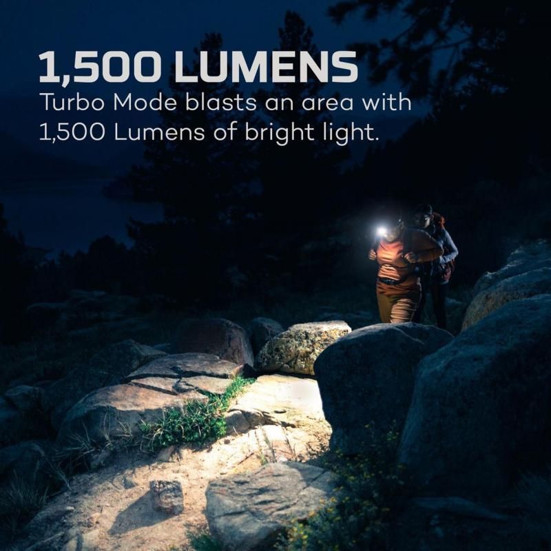 Nebo Transcend headlamp delivering 1500 lumens, USB-C rechargeable, waterproof, impact-resistant, ideal for outdoor adventures.