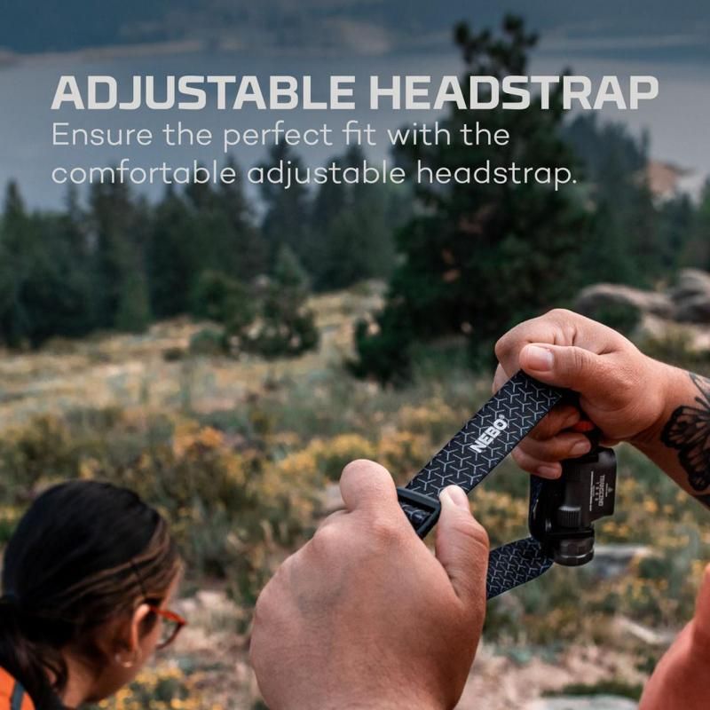 Nebo Transcend TM headlamp with 1500 lumens, waterproof design, USB-C rechargeable, and multiple brightness modes for outdoor use.