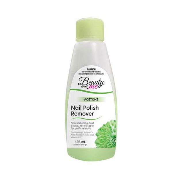 Beauty & Me Nail Polish Remover Acetone 125ml in a recyclable bottle, designed for gentle, effective polish removal with nourishing ingredients.