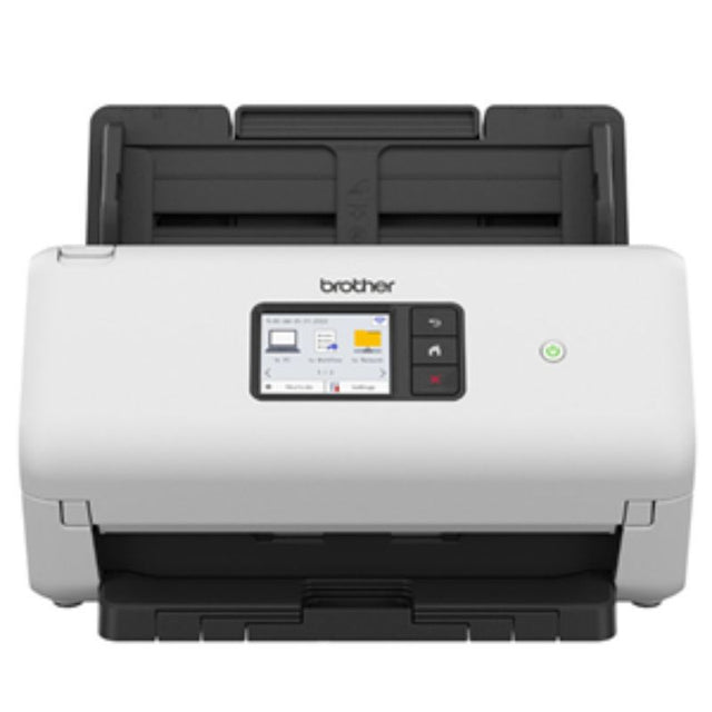 High-speed Brother ADS3300W A4 desktop scanner with 40ppm, duplex scanning, 60-sheet ADF, and intuitive touchscreen display.