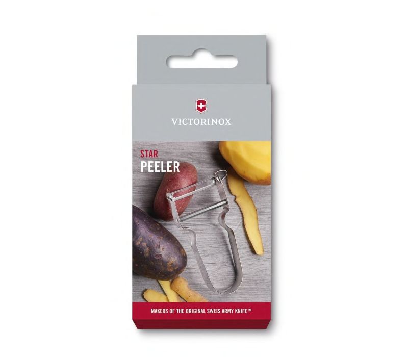 Victorinox Star Peeler with ergonomic stainless steel handle and ultra-sharp pivoting blade for easy fruit and vegetable peeling.