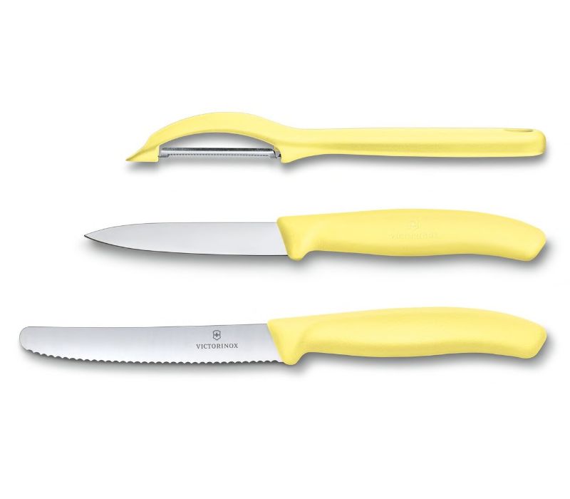 Set of Swiss Classic Yellow kitchen knives and peeler for precision chopping, peeling, and slicing fruits and vegetables.