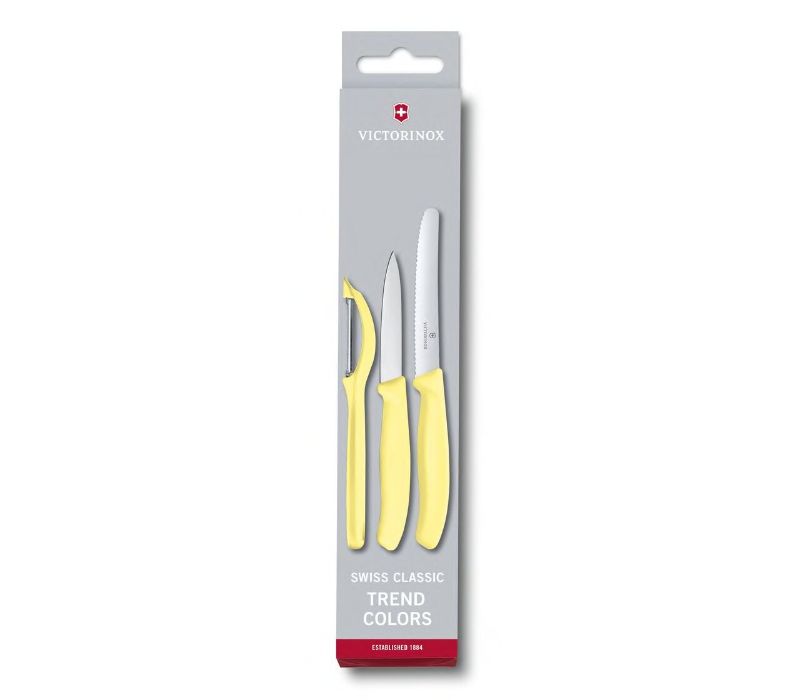 Vibrant yellow 3-piece paring knife set with ergonomic handles, includes paring, tomato knives, and universal peeler.