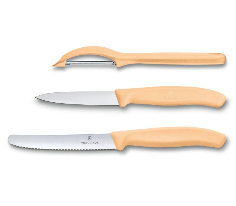 Swiss Classic Orange Paring Knife Set with Peeler, featuring ergonomic grips and high-quality stainless steel tools for precise food prep.