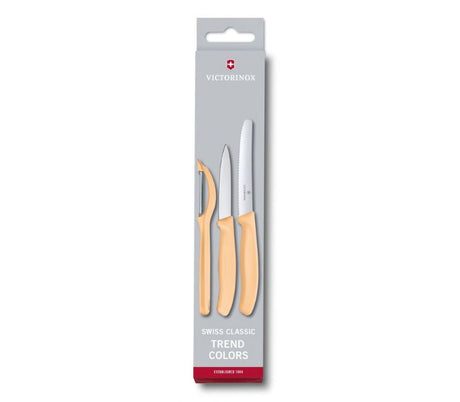 Swiss Classic Orange Paring Knife Set with Universal Peeler, featuring ergonomic handles and high-quality stainless steel.