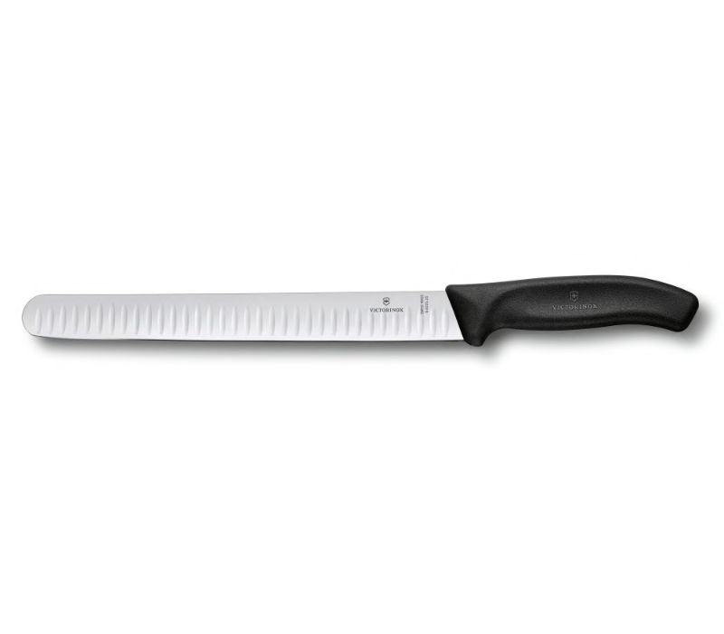 Victorinox Swiss Classic 25CM slicing knife with fluted edge, ergonomic handle, ideal for easy meat slicing and dishwasher safe.