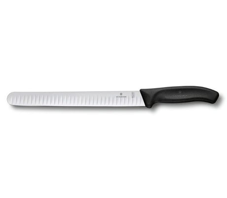 Victorinox Swiss Classic 25CM slicing knife with fluted edge, ergonomic handle, ideal for easy meat slicing and dishwasher safe.