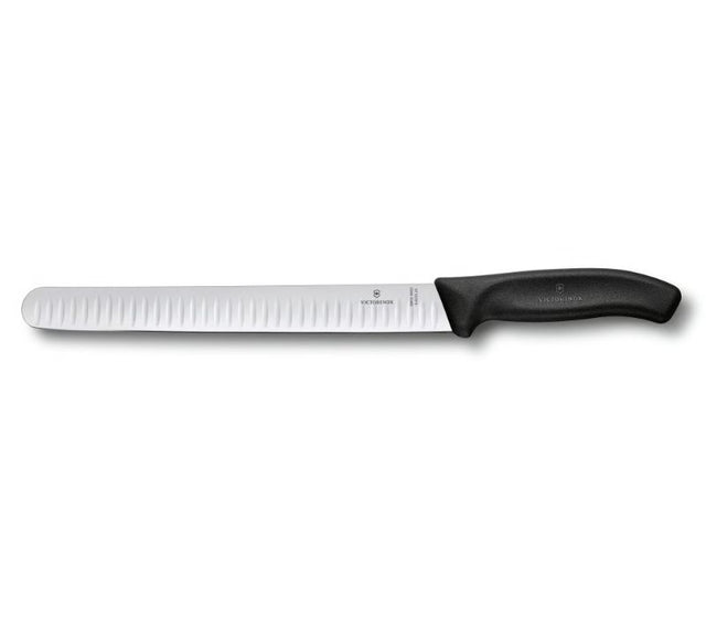 Victorinox Swiss Classic 25CM slicing knife with fluted edge, ergonomic handle, ideal for easy meat slicing and dishwasher safe.