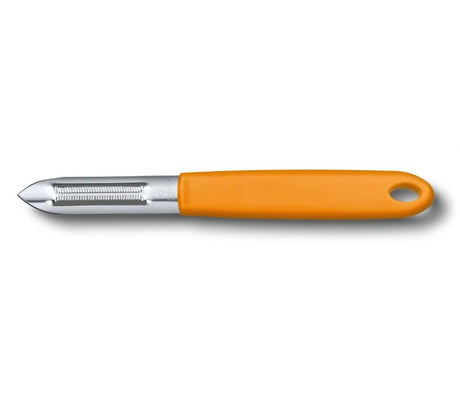 Victorinox orange serrated edge peeler with ergonomic handle, ideal for peeling tomatoes and kiwis effortlessly.