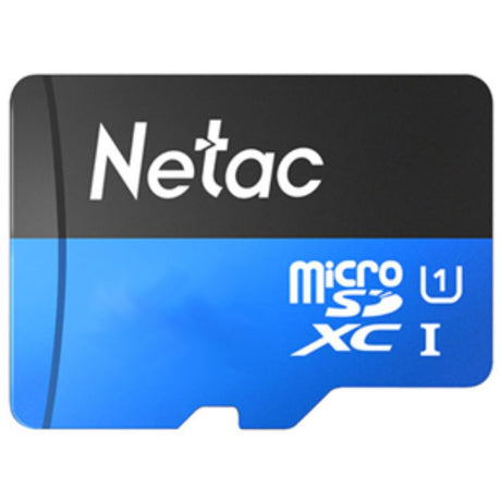 Netac P500 128GB microSDXC card with adapter, fast speeds up to 80MB/s, waterproof, durable for outdoor use.