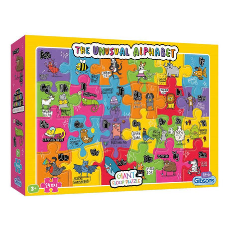 Giant floor puzzle featuring colorful alphabet characters, designed for kids ages 3+, promoting learning and fun.