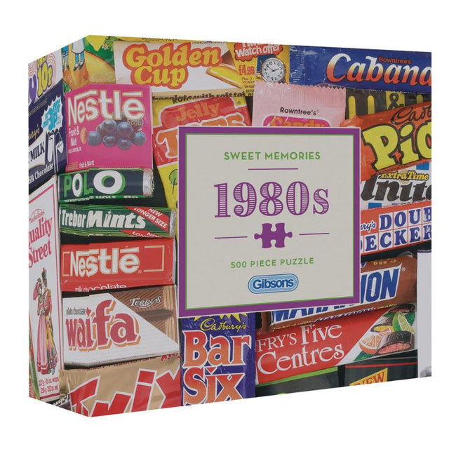 Colorful 500-piece jigsaw puzzle featuring 1980s nostalgic brands like Bounty and Toblerone, eco-friendly and family-friendly.