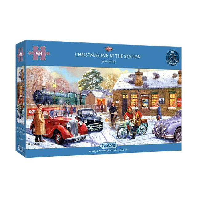 Panoramic jigsaw puzzle depicting a festive village scene, featuring residents preparing for Christmas with 636 colorful pieces.