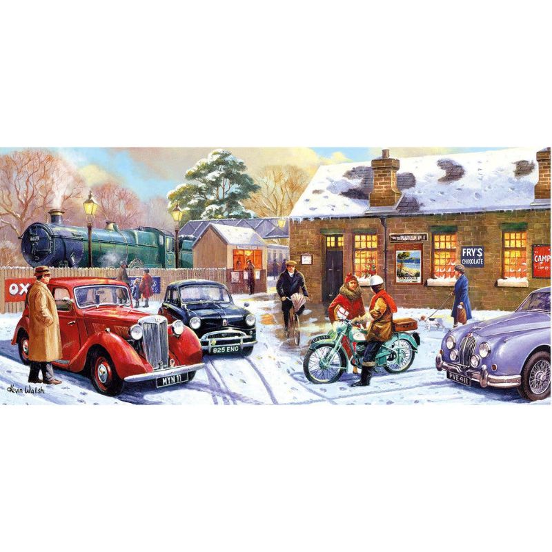 Festive 636-piece jigsaw puzzle depicting a bustling village preparing for Christmas, perfect for family gatherings.