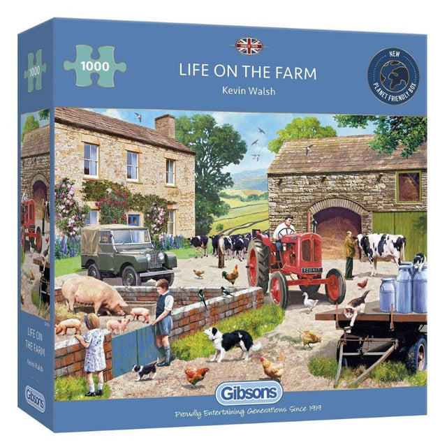 A 1000-piece jigsaw puzzle featuring a charming farm scene by Kevin Walsh, capturing playful piglets and farm life.