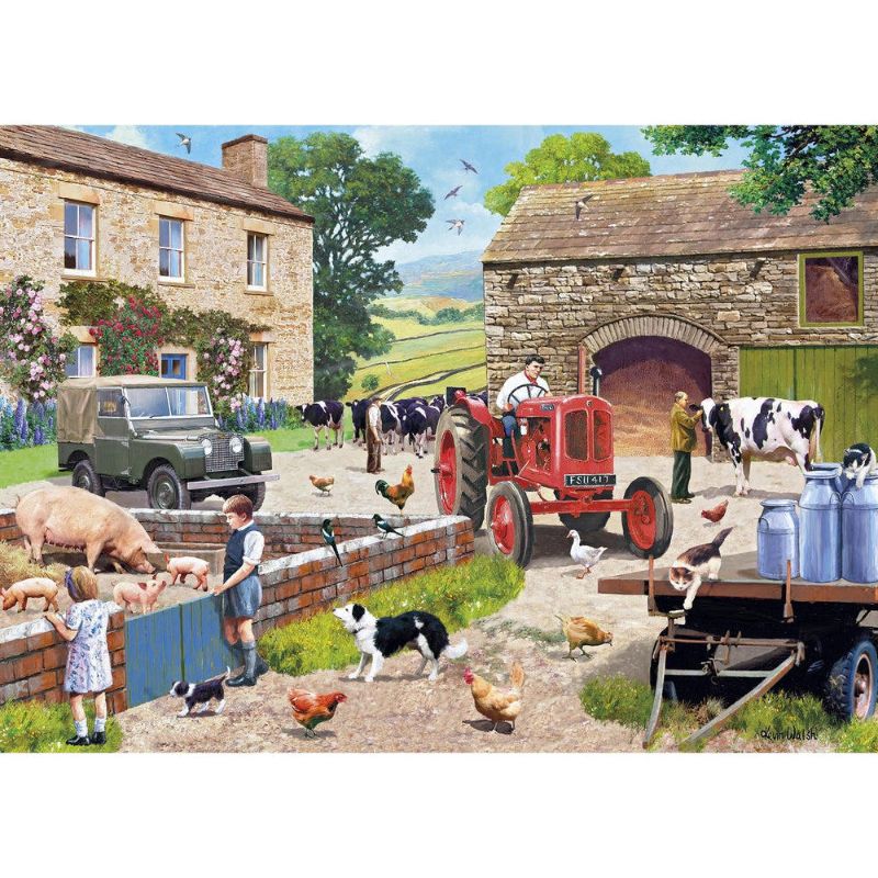 Jigsaw puzzle featuring a vibrant farm scene by Kevin Walsh, showcasing playful piglets and farmers, made from recycled materials.