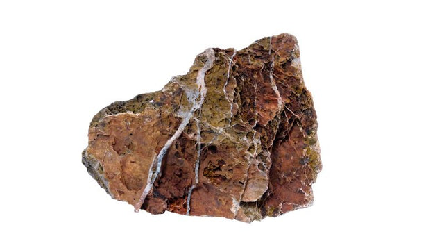 Red textured rock ornament for aquariums, 15-25cm, 12kg, providing aesthetics and hiding spots for aquatic life.