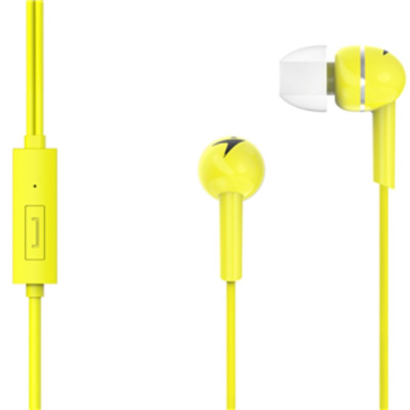 Genius HS-M300 yellow in-ear headphones with inline mic for superior audio, rich bass, and comfortable fit.