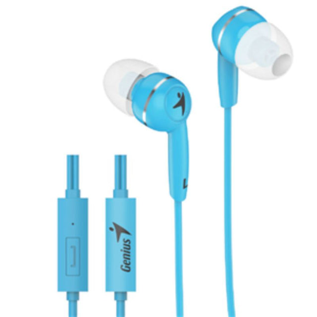 Genius HS-M320 Blue In-Ear Headphones with inline mic, featuring soft tips, compact design, and crystal-clear audio.