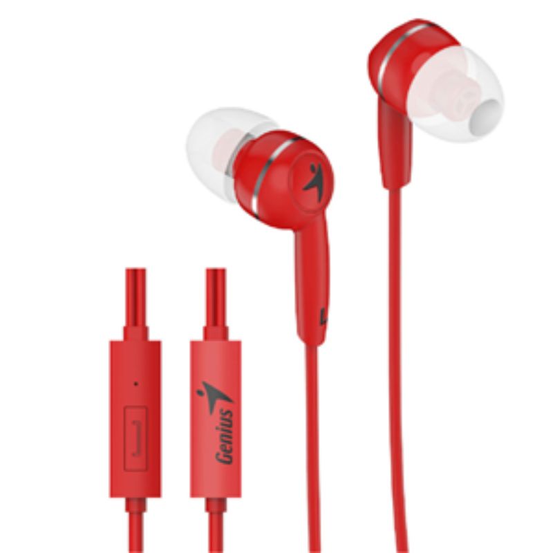 Genius HS-M320 Red In-Ear Headphones with mic, offering vibrant sound, comfort, and inline controls for calls and music.