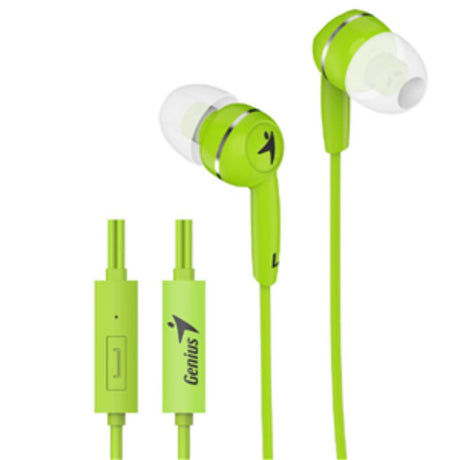 Lightweight green in-ear headphones with inline mic, offering crystal-clear stereo sound and comfortable silicone tips.