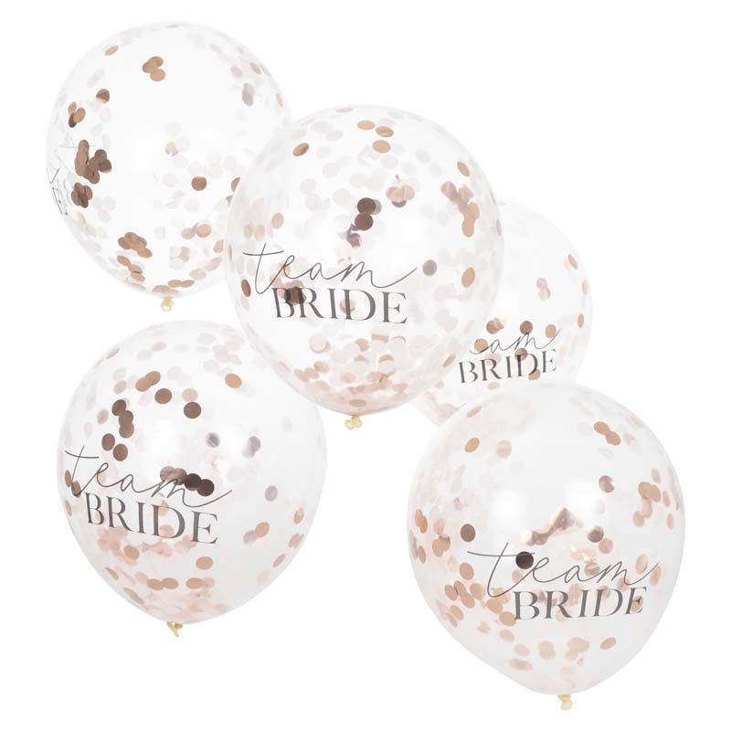 Blush pink and rose gold confetti-filled balloons for a stylish hen party celebration, perfect for the bride-to-be.