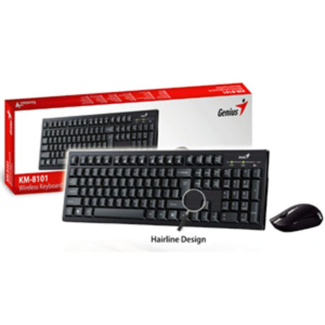 Genius KM-8101 Wireless Desktop Kit featuring ergonomic keyboard and mouse, 12 multimedia keys, and 2.4GHz connectivity.