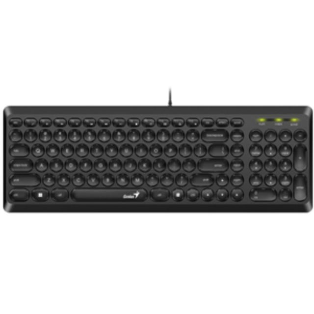 Genius SlimStar Q200 Multimedia Keyboard featuring round keys for comfort, whisper-quiet typing, and USB connectivity.