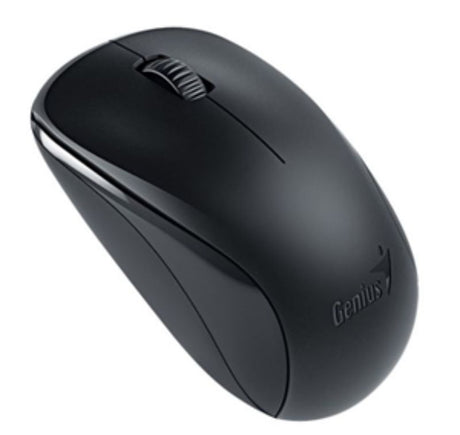 Genius NX-7000 USB Wireless Black Mouse, 2.4GHz, 1200 dpi BlueEye sensor, ambidextrous design, and compact for travel.