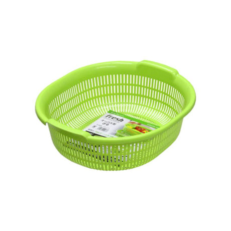Set of 10 vibrant green oval colanders (29.1 cm) for draining, rinsing, and storing kitchen ingredients efficiently.